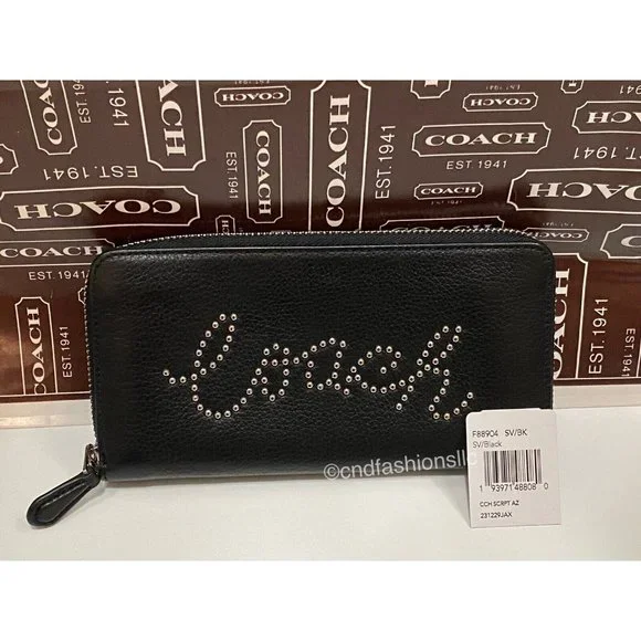 COACH BLACK LEATHER Accordion Zip Wallet w/Studded Coach Script + TISSUE PAPER - Picture 10 of 16